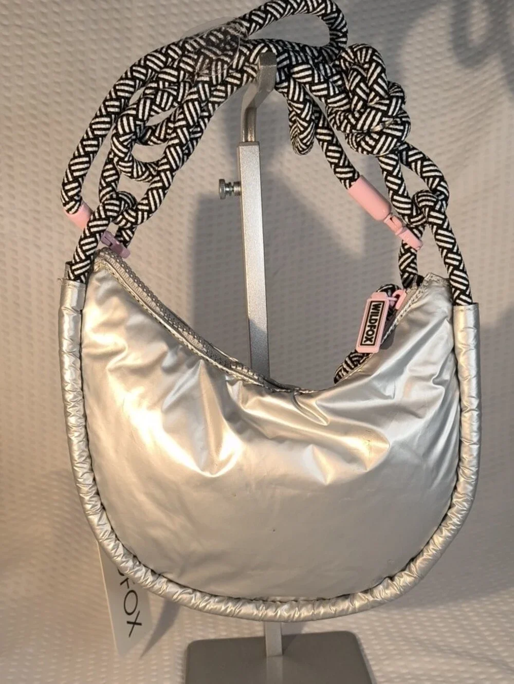Wildfox HBWF-224-0070-30Silver Puffer Shoulder Bag with Black & White Rope Strap